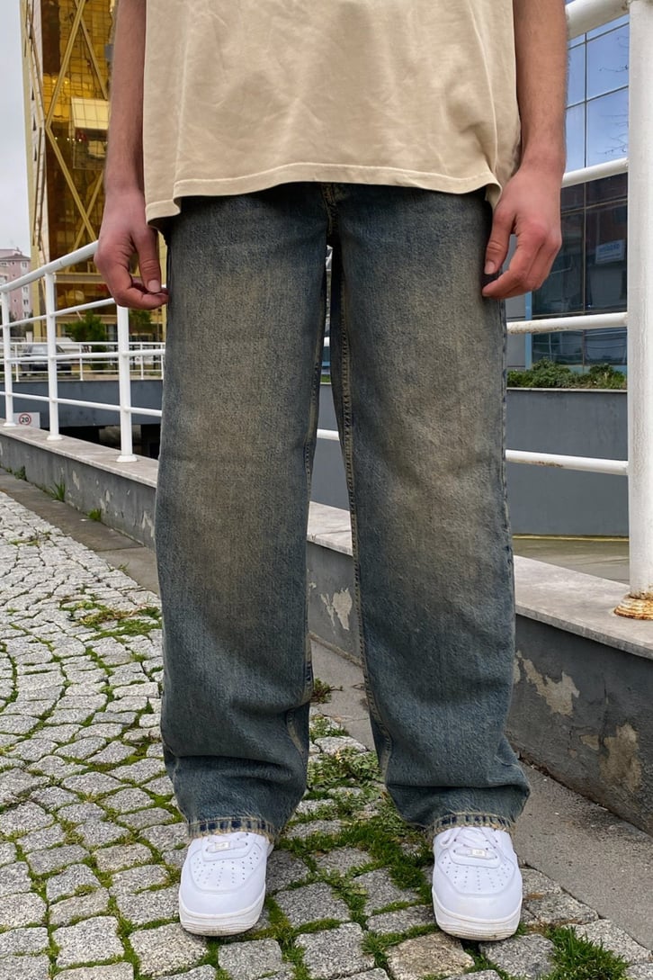 Navy Blue Kum Taşlamalı Baggy Jean