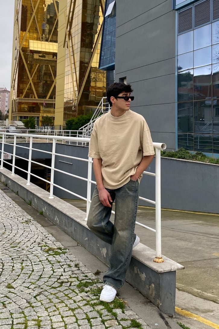 Navy Blue Kum Taşlamalı Baggy Jean