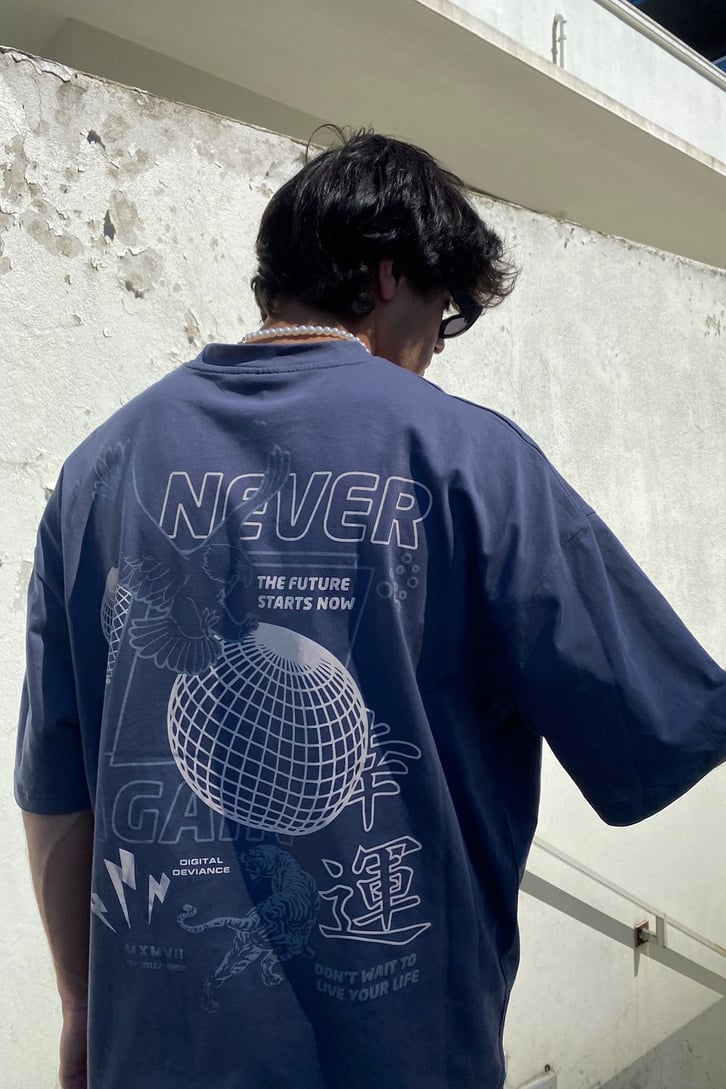 Never The Future Baskılı Acid Wash Oversize Tshirt
