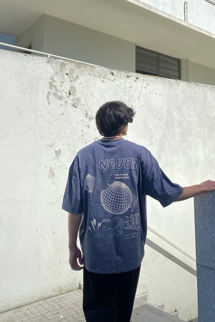 Never The Future Baskılı Acid Wash Oversize Tshirt