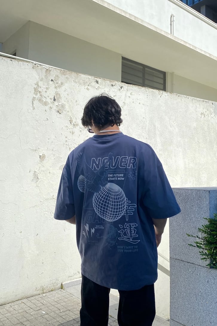 Never The Future Baskılı Acid Wash Oversize Tshirt