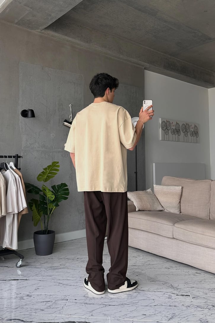 New Orleans Baskılı Bej Oversize Tişört