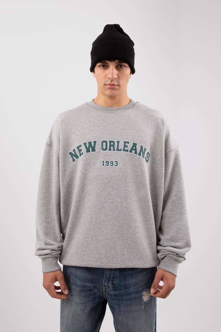 New Orleans Baskılı Gri Melanj Hoodie