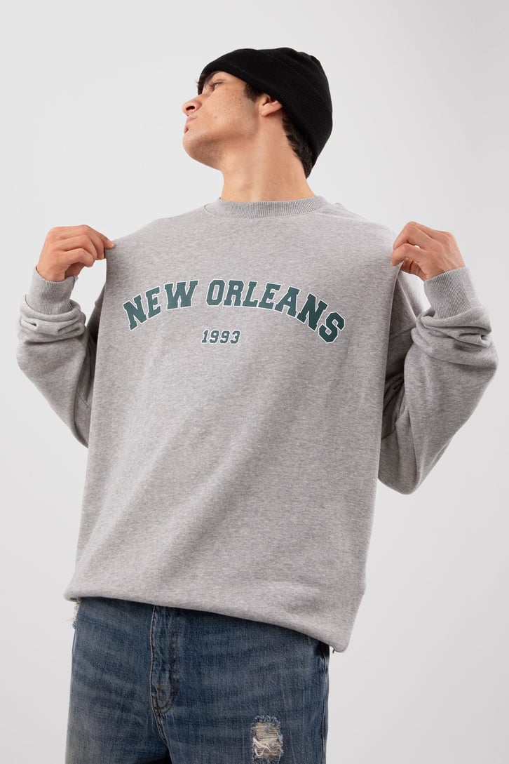 New Orleans Baskılı Gri Melanj Hoodie