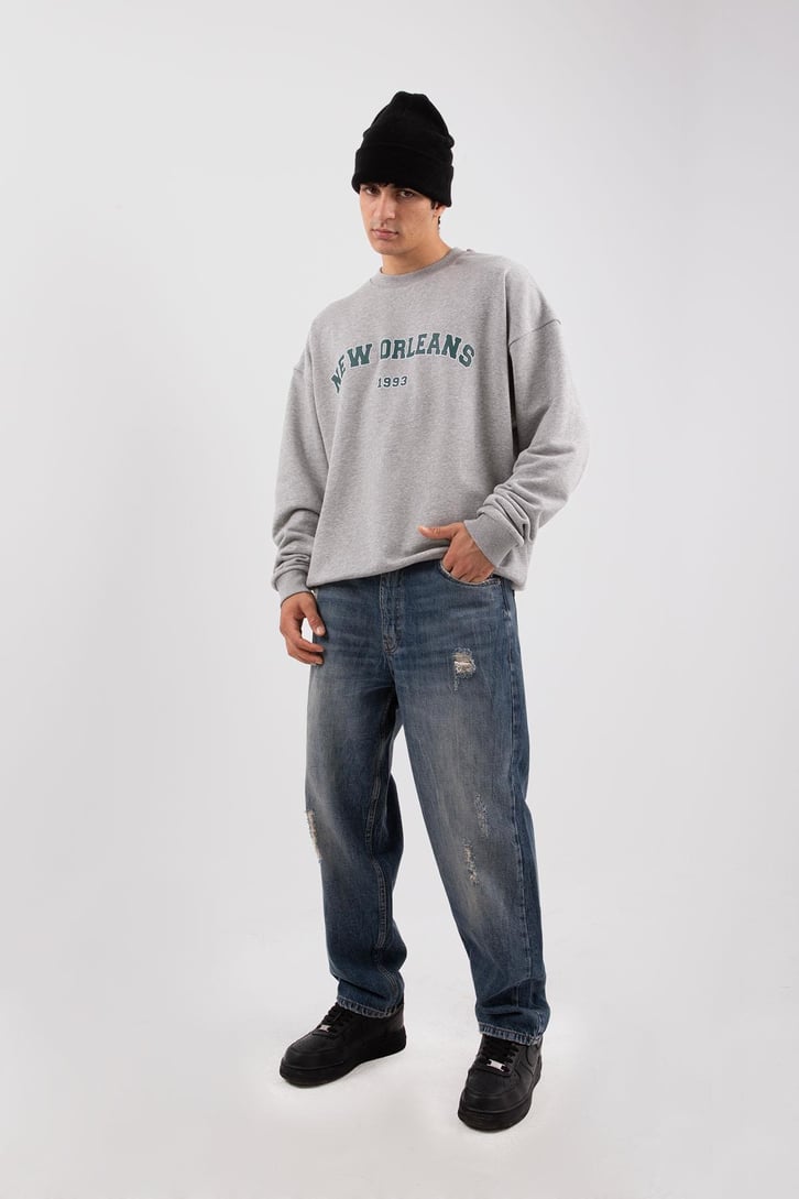 New Orleans Baskılı Gri Melanj Hoodie