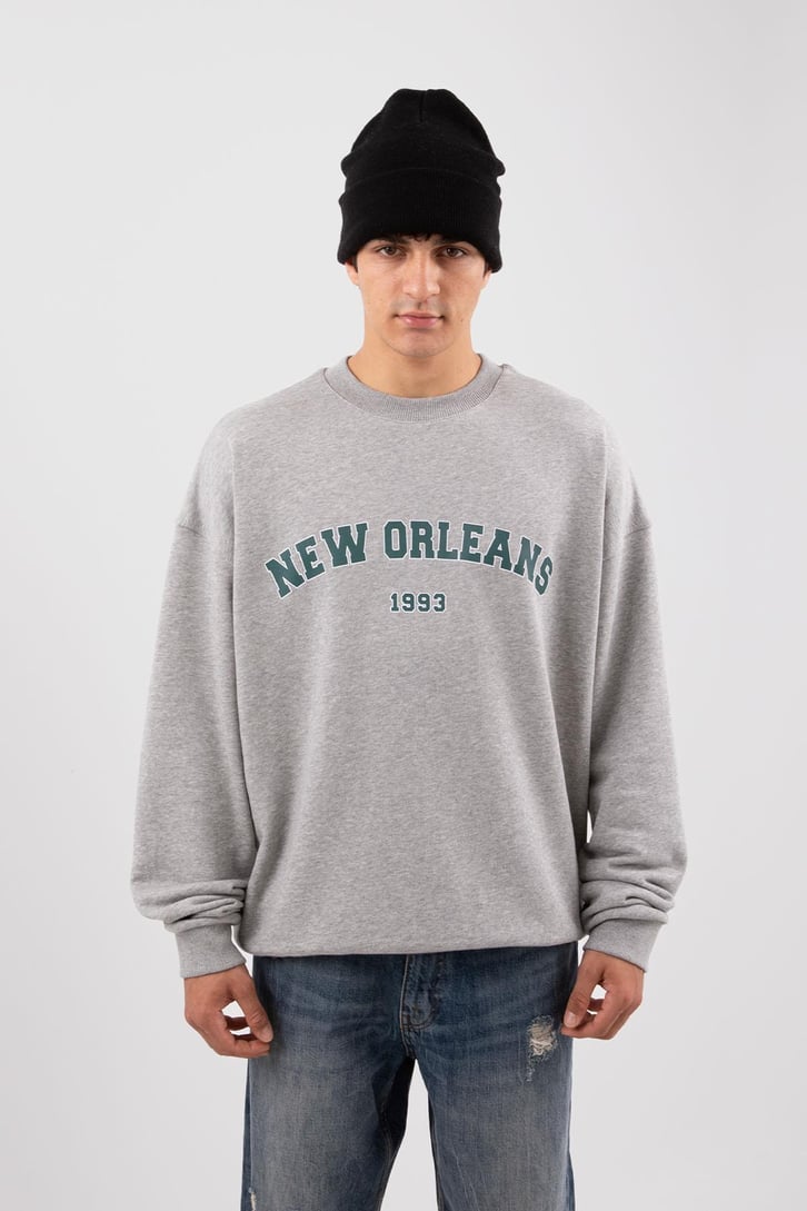 New Orleans Baskılı Gri Melanj Hoodie