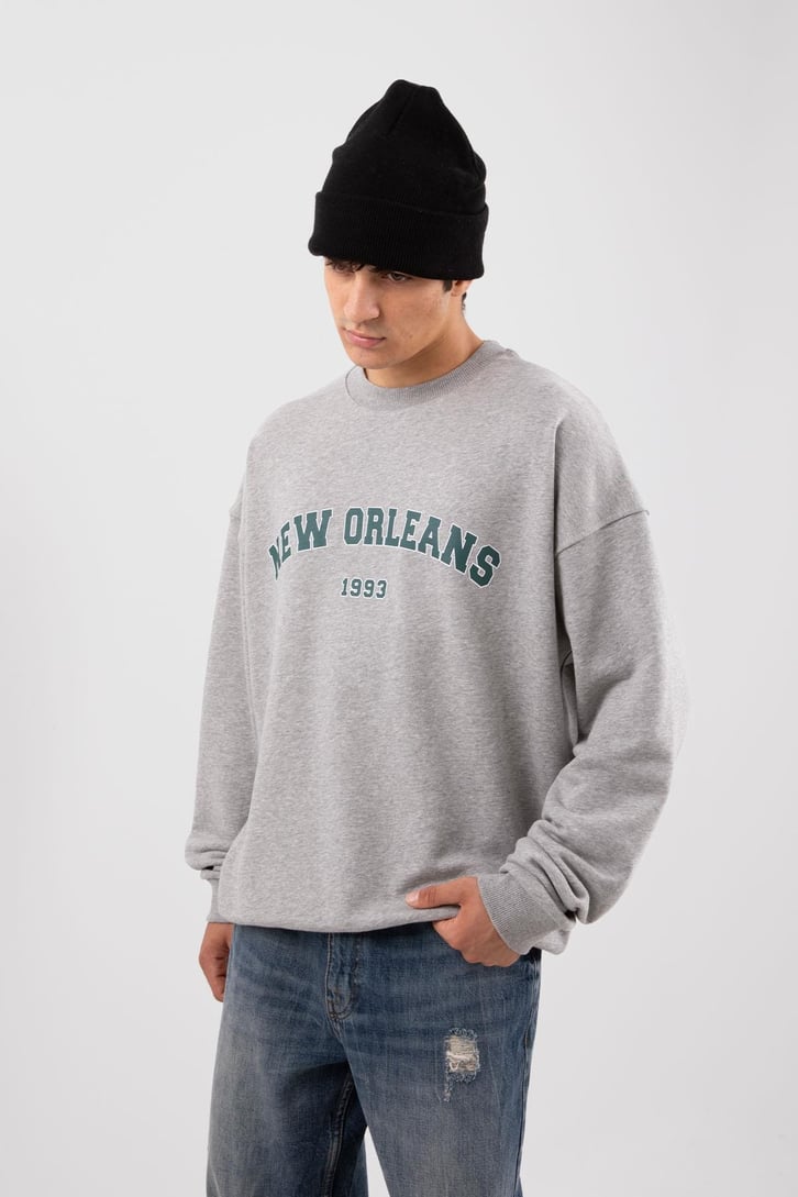 New Orleans Baskılı Gri Melanj Hoodie