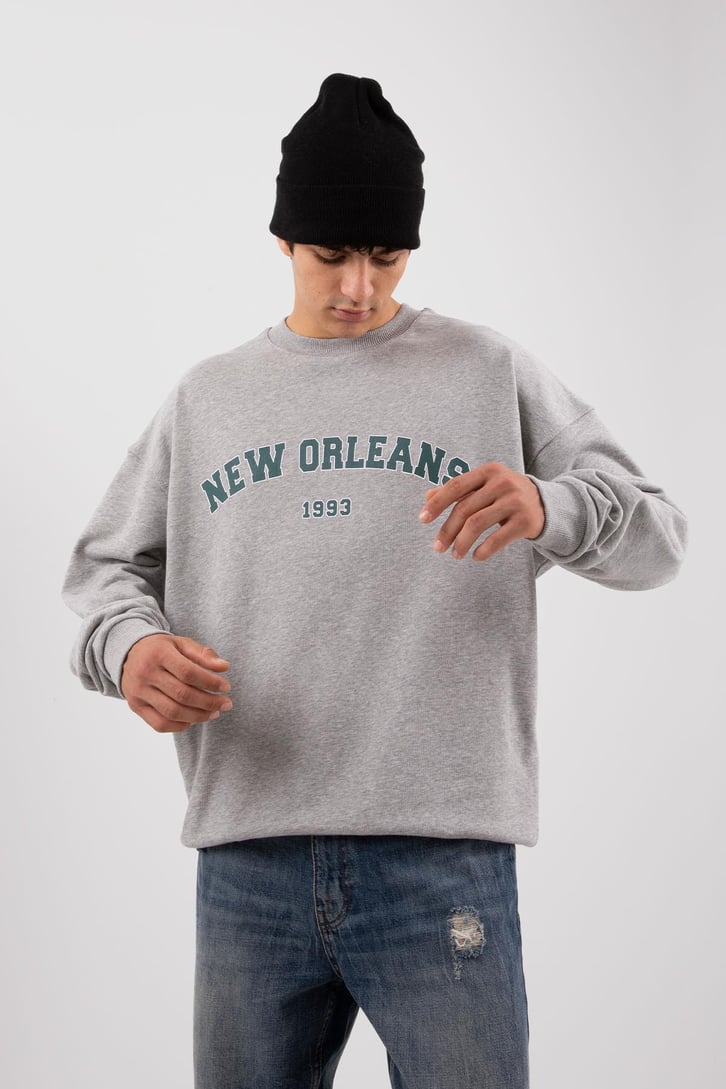 New Orleans Baskılı Gri Melanj Hoodie