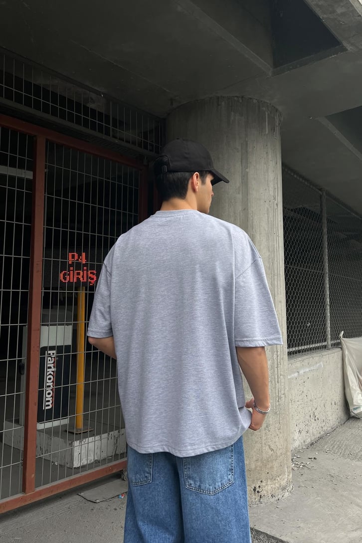 New Orleans Baskılı Gri Melanj Oversize Tişört