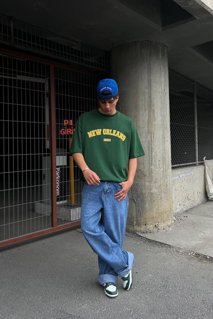 New Orleans Baskılı Gri Melanj Oversize Tişört