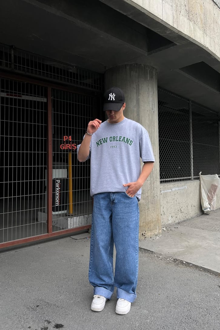 New Orleans Baskılı Gri Melanj Oversize Tişört