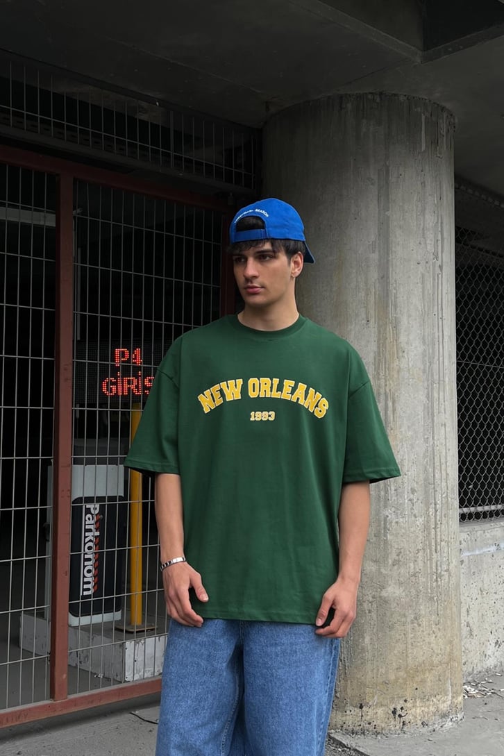 New Orleans Baskılı Gri Melanj Oversize Tişört