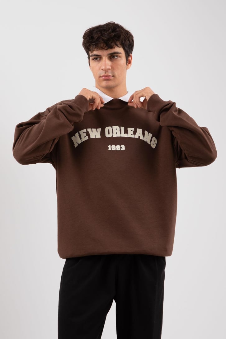 New Orleans Baskılı Gri Melanj Sweatshirt