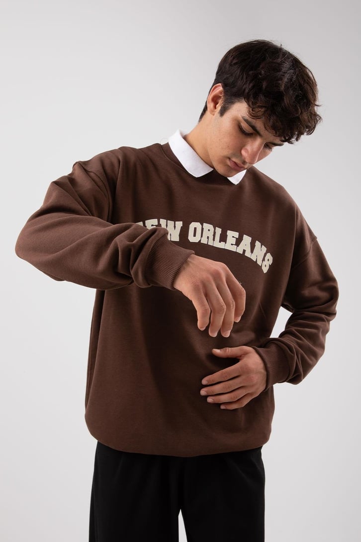 New Orleans Baskılı Gri Melanj Sweatshirt