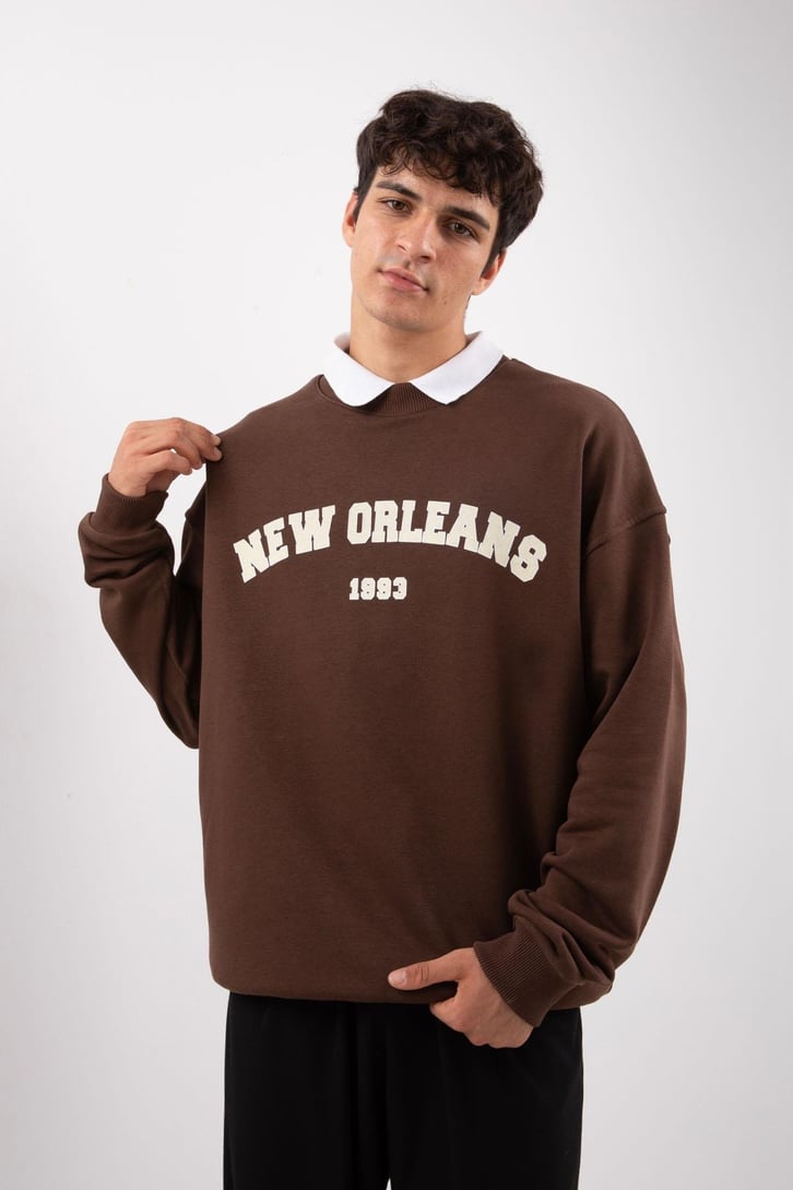 New Orleans Baskılı Gri Melanj Sweatshirt