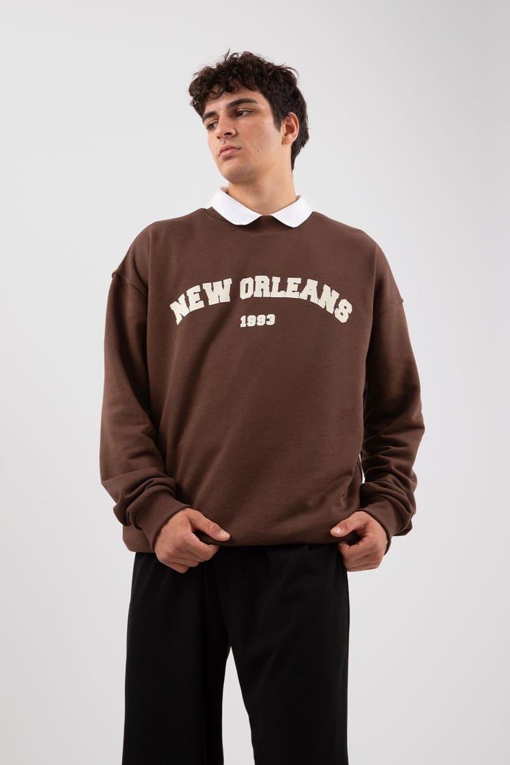 New Orleans Baskılı Gri Melanj Sweatshirt