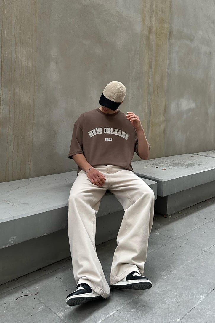 New Orleans Baskılı Kahverengi Oversize Tişört