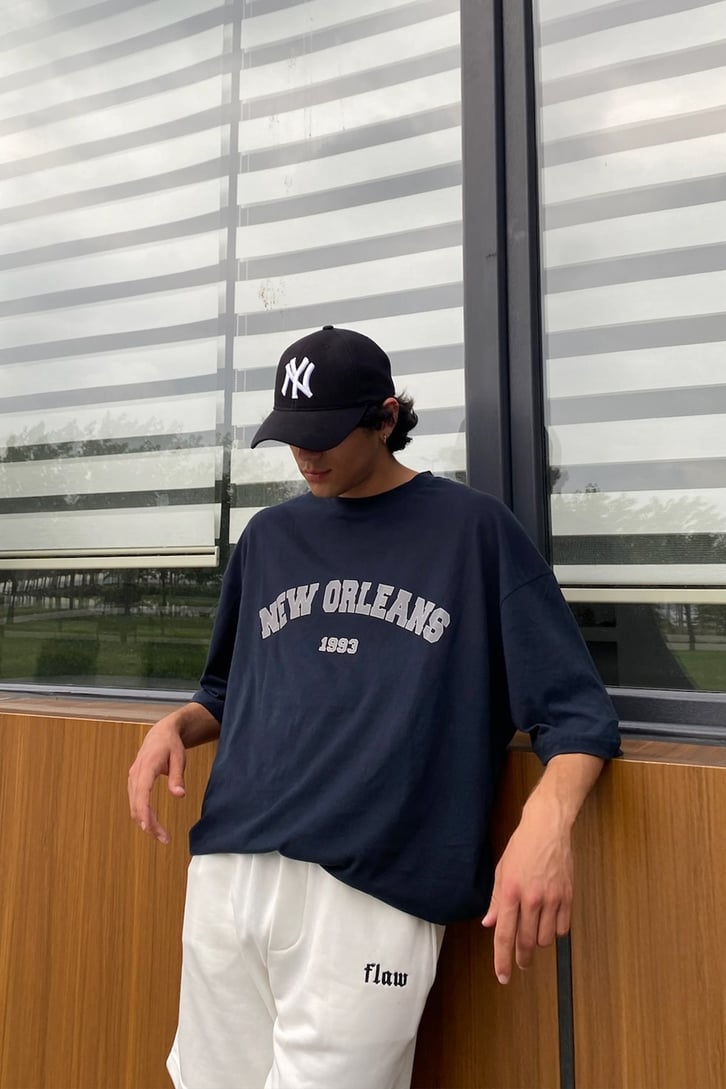 New Orleans Baskılı Lacivert Oversize Tshirt