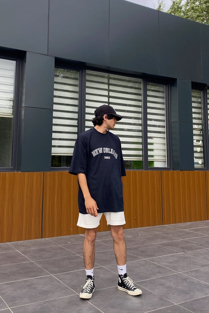New Orleans Baskılı Lacivert Oversize Tshirt