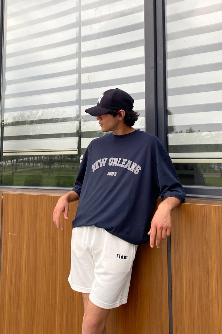 New Orleans Baskılı Lacivert Oversize Tshirt