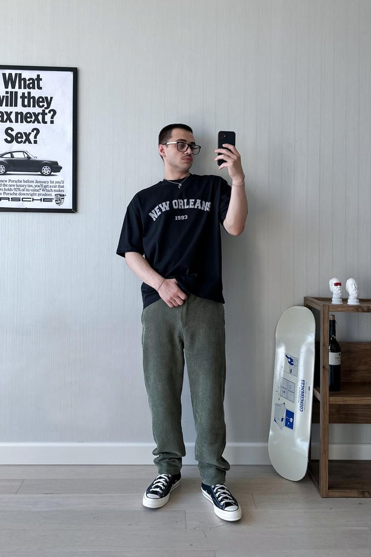 New Orleans Baskılı Siyah Oversize Tişört