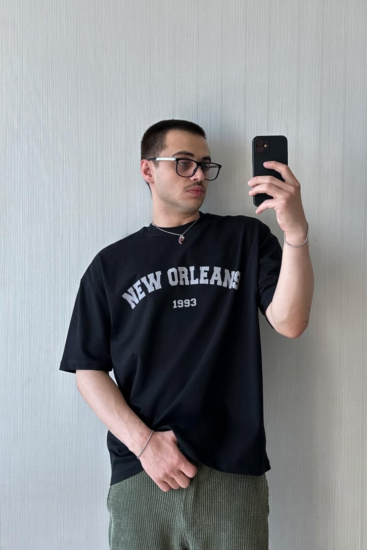 New Orleans Baskılı Siyah Oversize Tişört