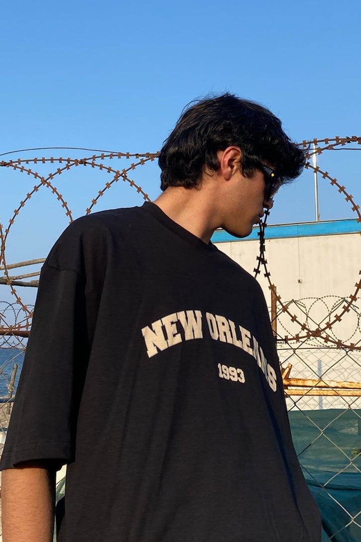 New Orleans Baskılı Siyah Oversize Tshirt