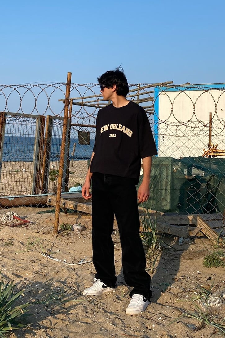 New Orleans Baskılı Siyah Oversize Tshirt