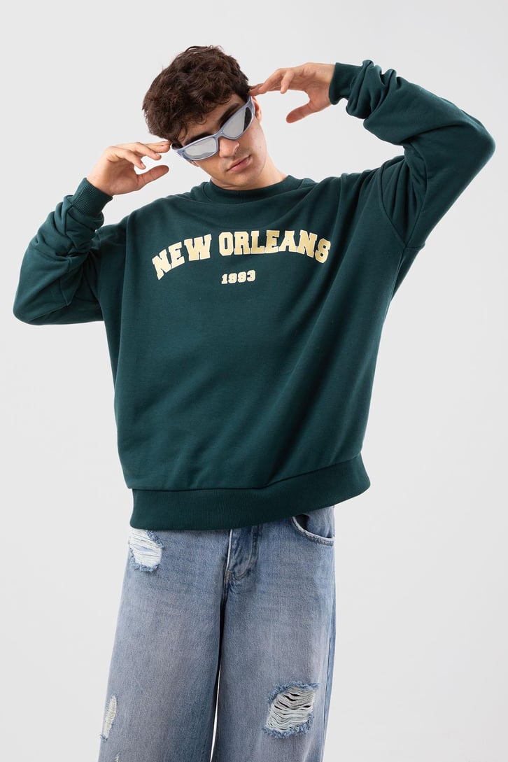 New Orleans Baskılı Yeşil Hoodie