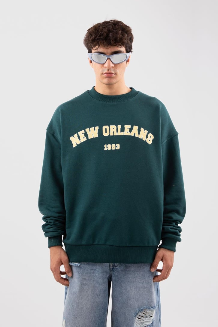 New Orleans Baskılı Yeşil Hoodie