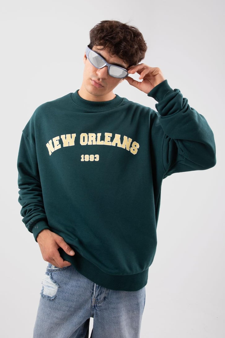 New Orleans Baskılı Yeşil Hoodie
