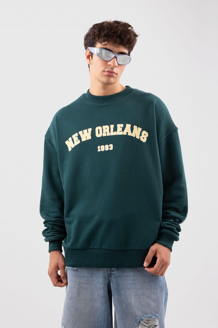 New Orleans Baskılı Yeşil Hoodie