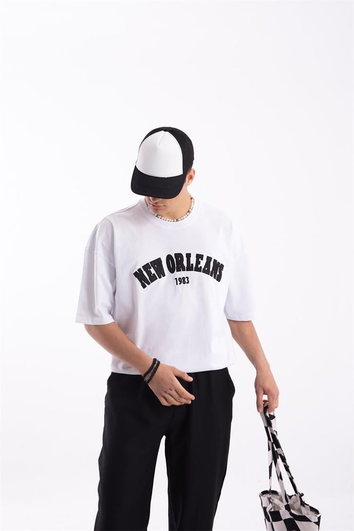 New Orleans Nakışlı Beyaz Oversize Tişört