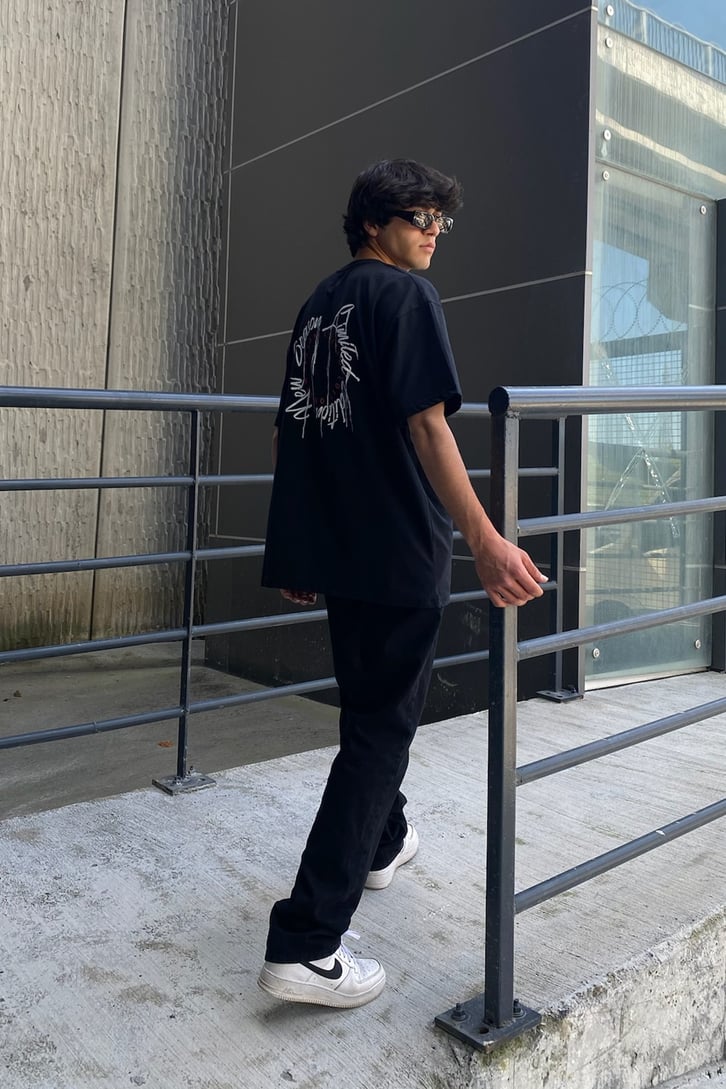 New Season Baskılı Siyah Oversize Tshirt