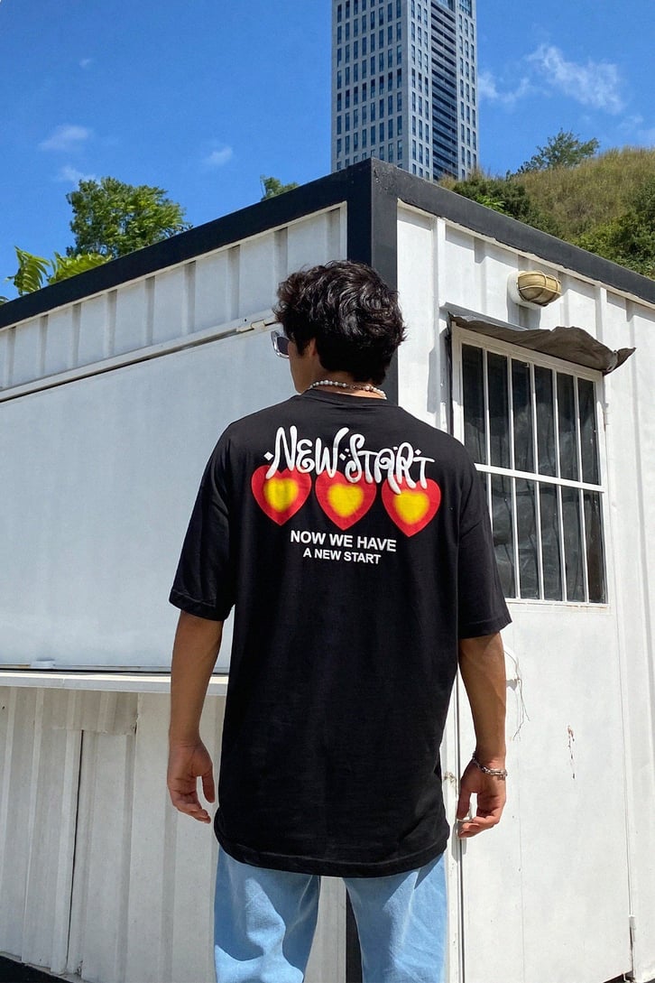 New Start Heart Baskılı Oversize Tshirt