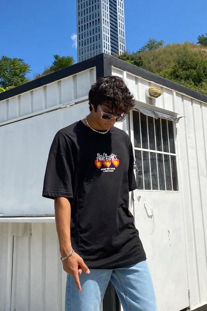 New Start Heart Baskılı Oversize Tshirt