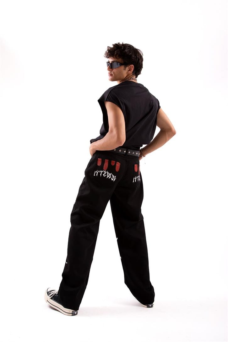New Style Baskılı Siyah Baggy Jean