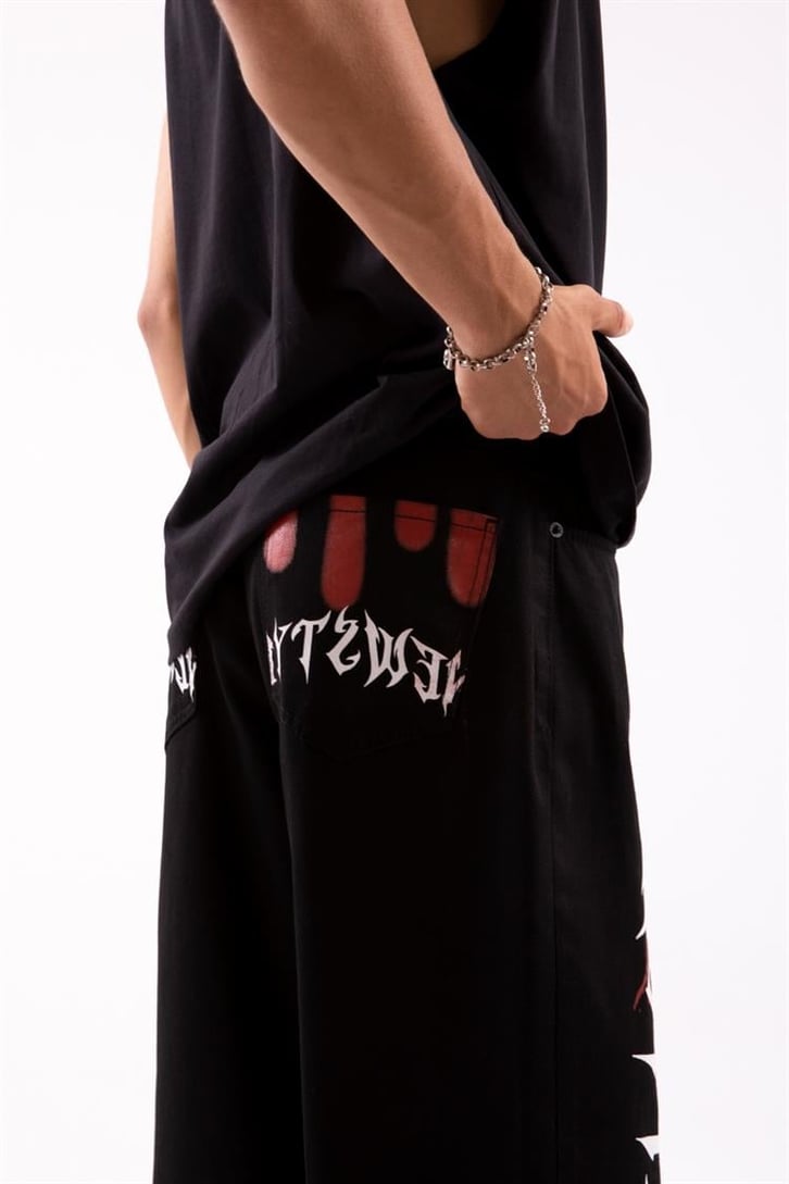 New Style Baskılı Siyah Baggy Jean