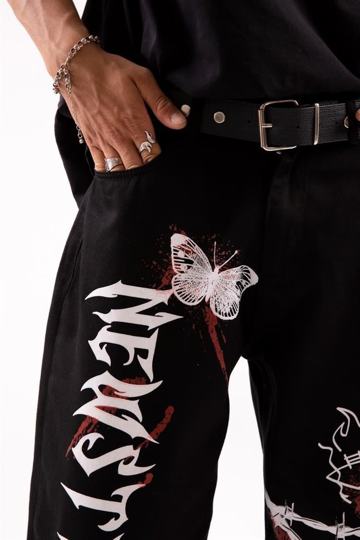 New Style Baskılı Siyah Baggy Jean