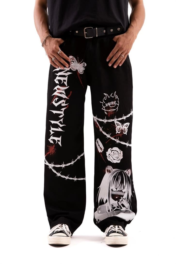 New Style Baskılı Siyah Baggy Jean