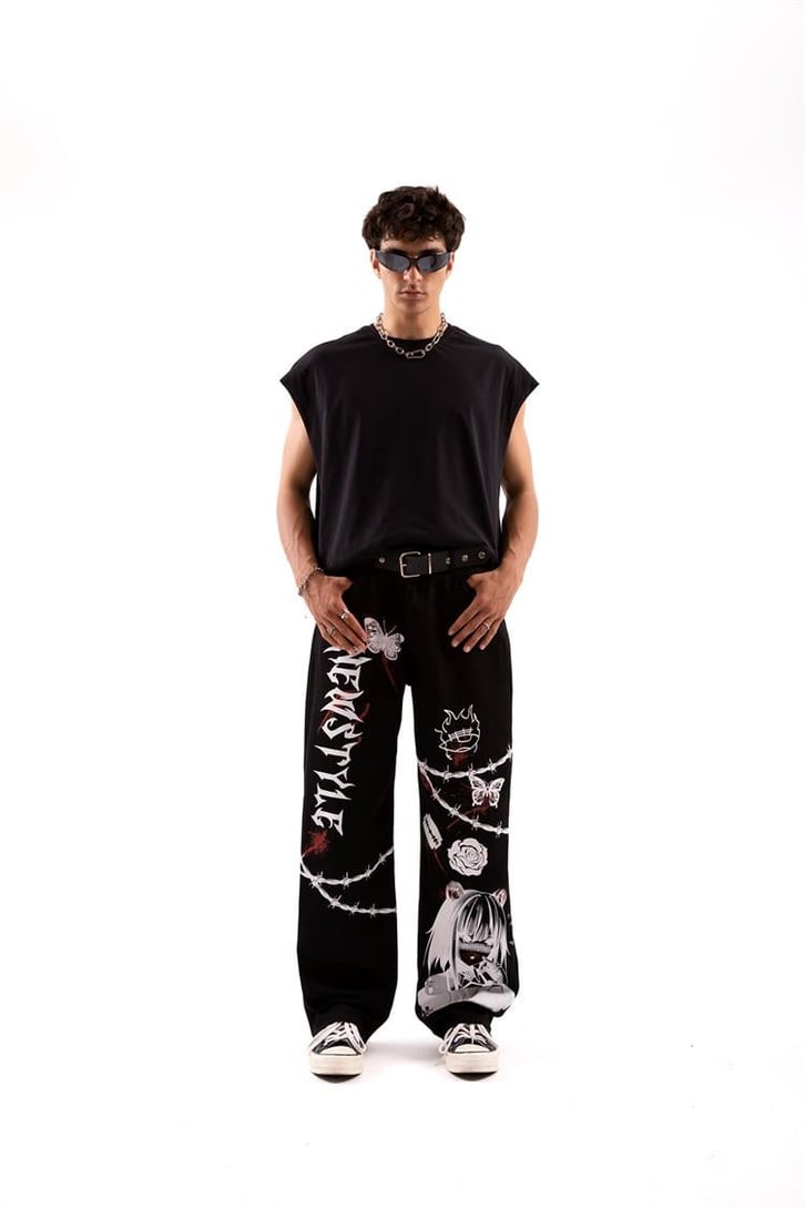 New Style Baskılı Siyah Baggy Jean