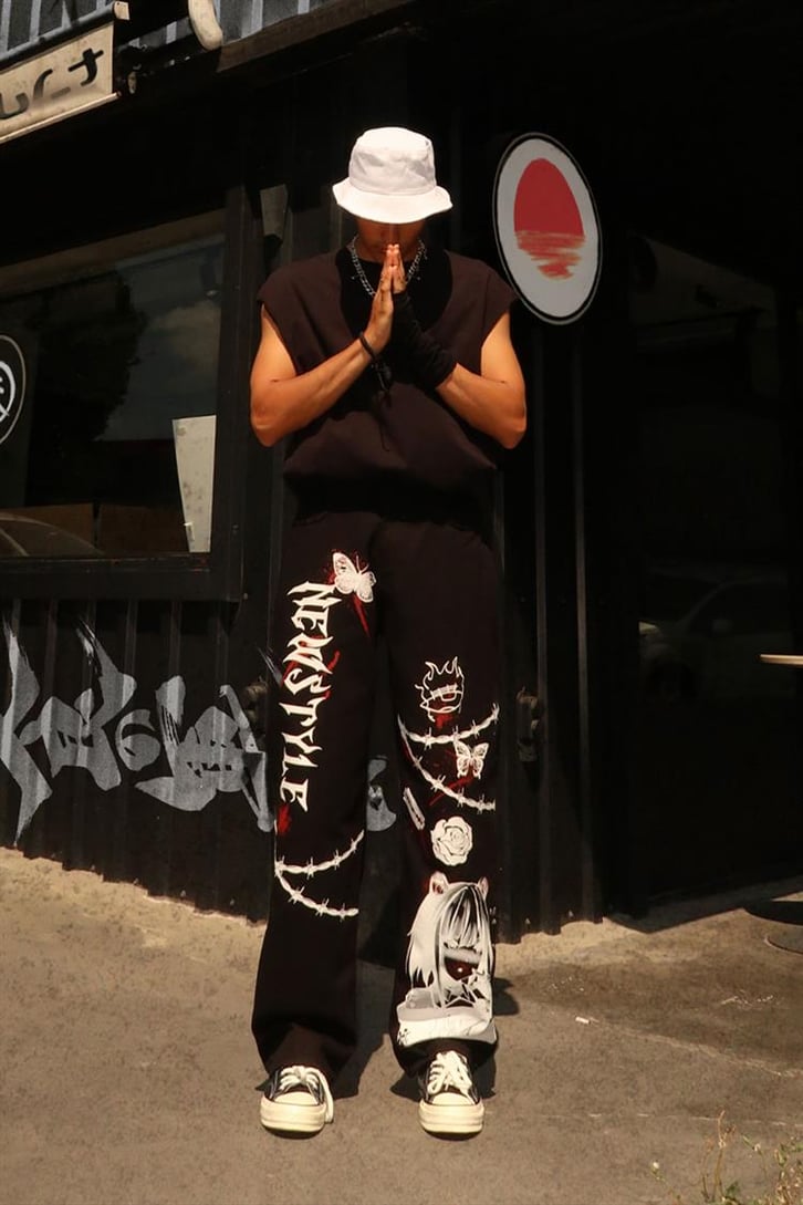 New Style Baskılı Siyah Baggy Jean