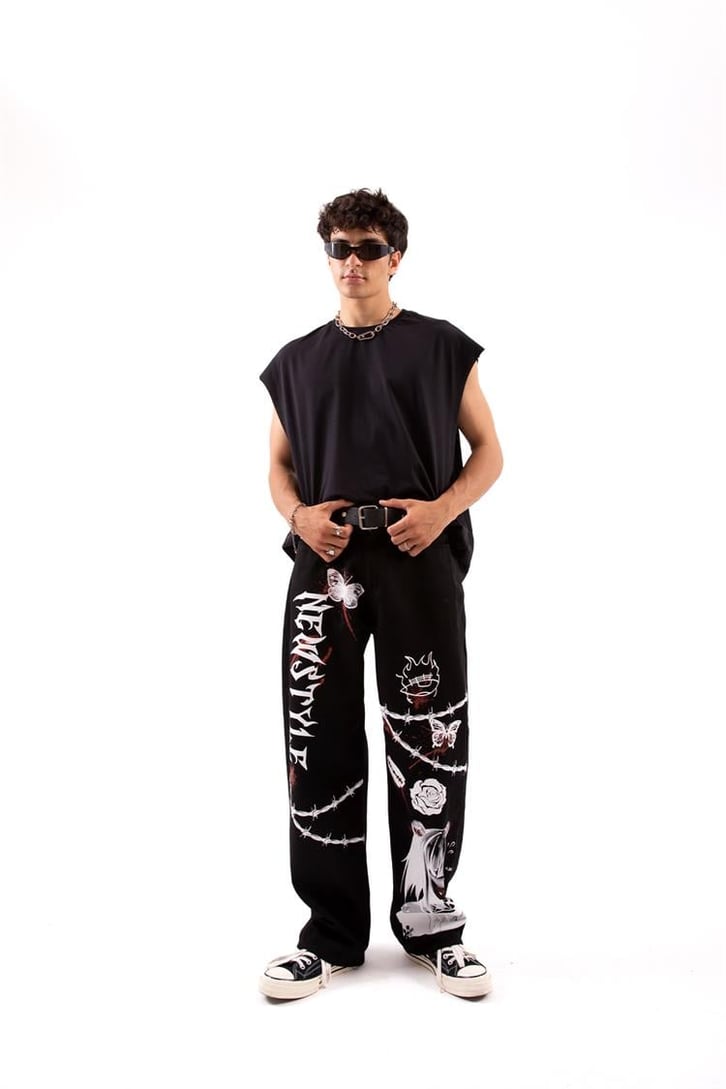New Style Baskılı Siyah Baggy Jean