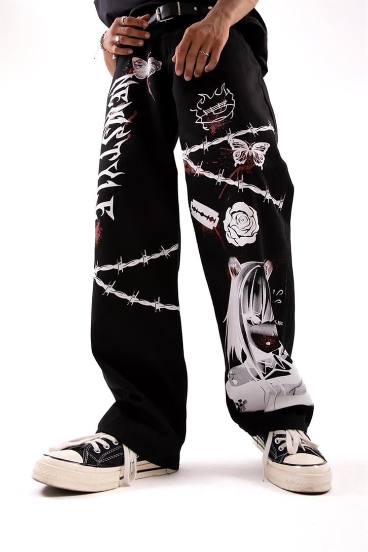 New Style Baskılı Siyah Baggy Jean