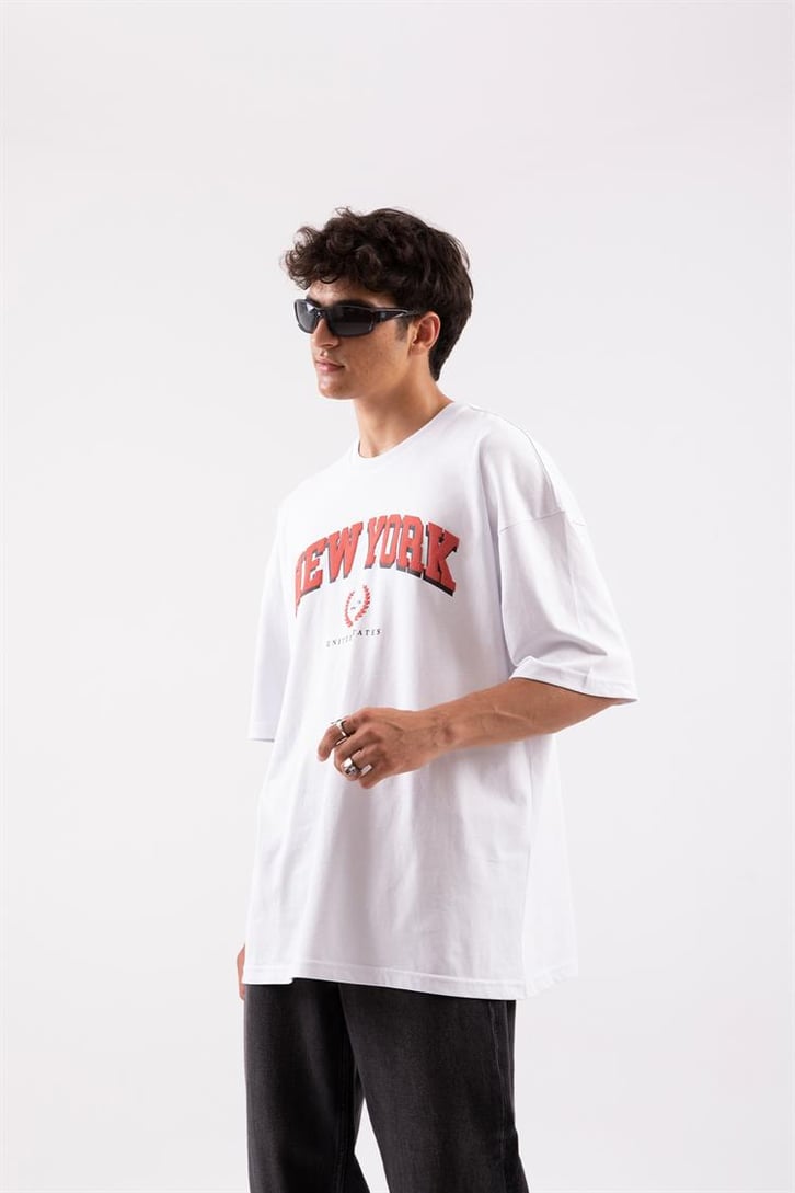 New York Baskılı Beyaz Oversize Tshırt
