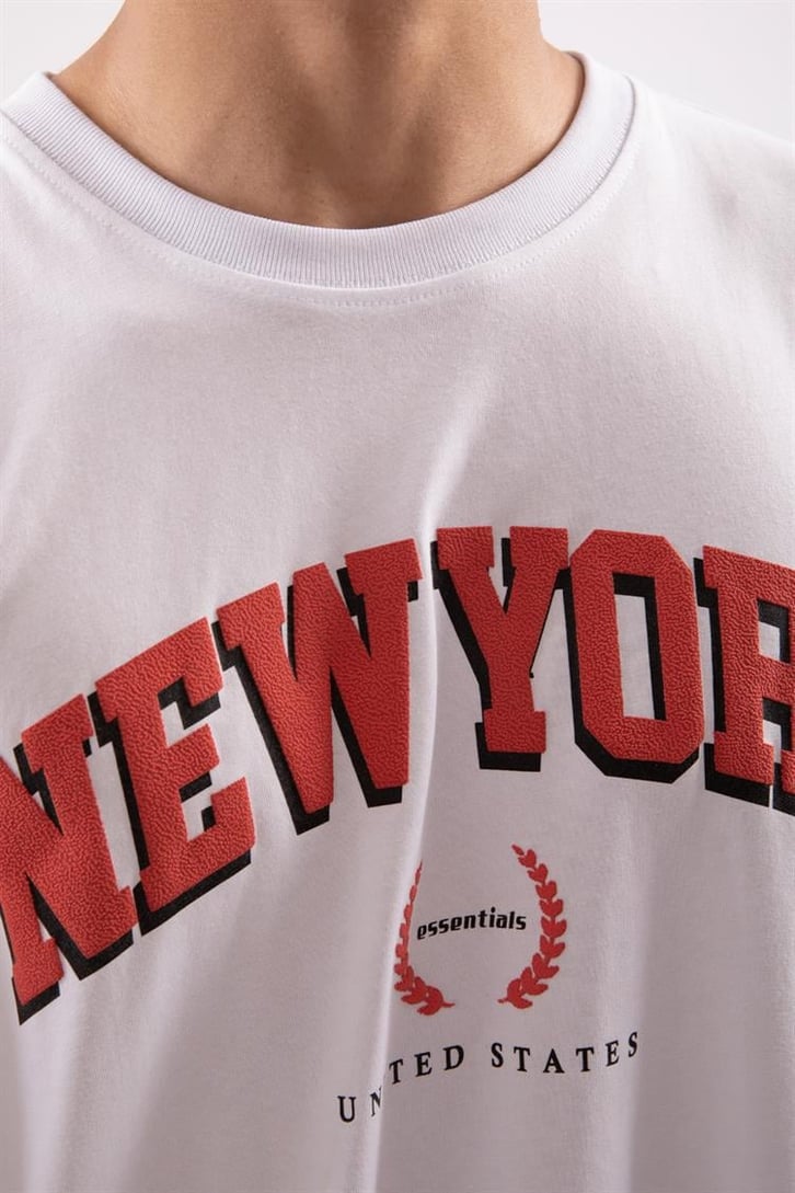New York Baskılı Beyaz Oversize Tshırt