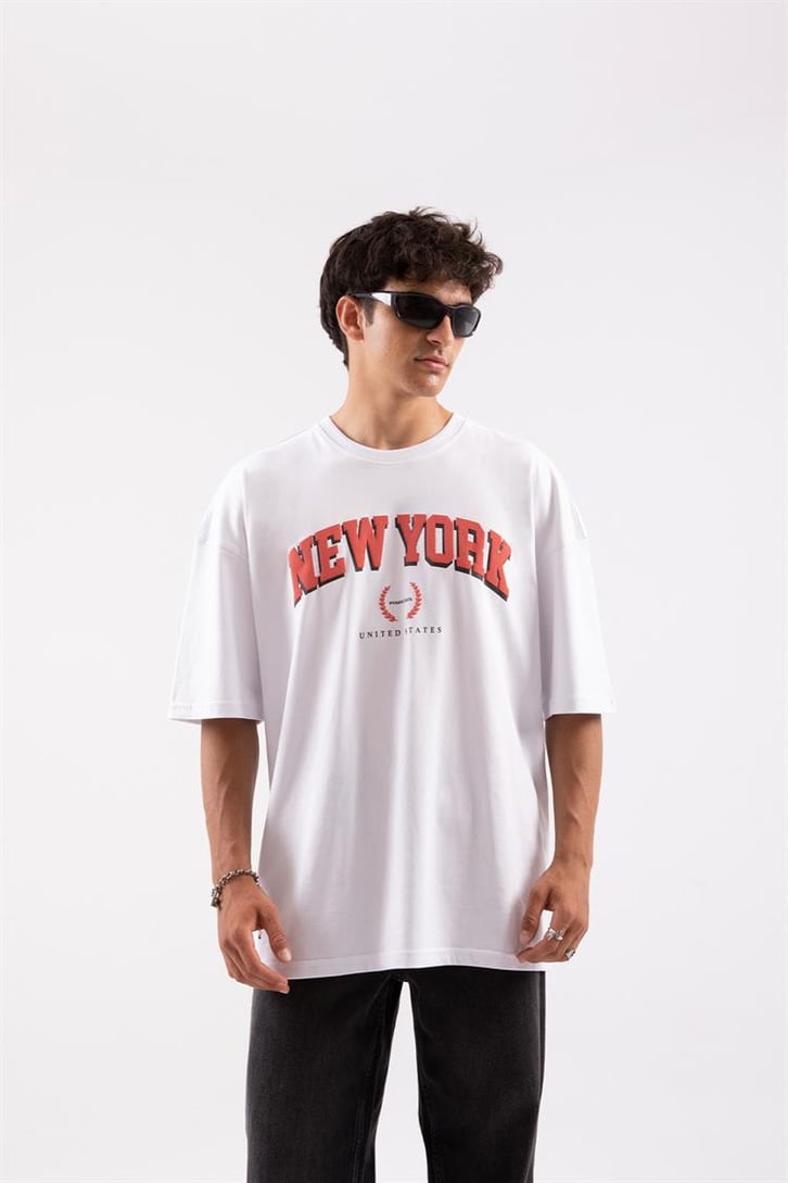 New York Baskılı Beyaz Oversize Tshırt