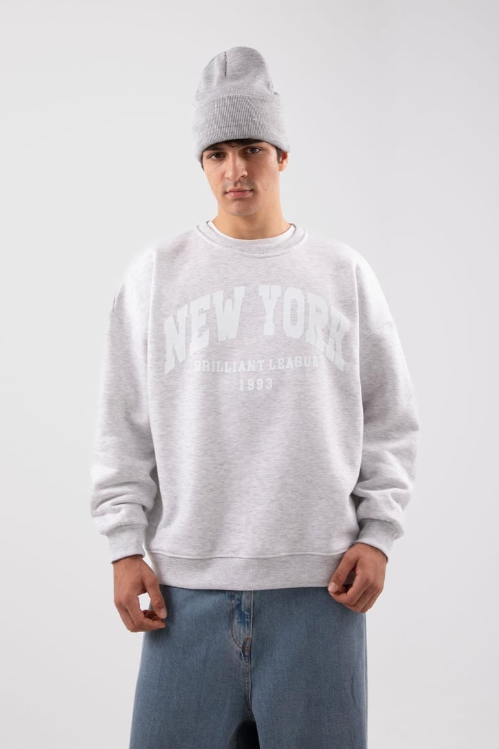 New York Baskılı Gri Oversize Sweatshirt