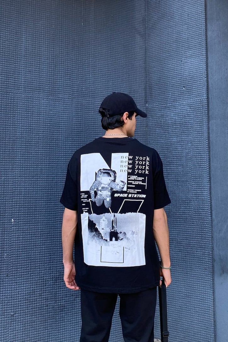 New York Baskılı Oversize Siyah Tshirt