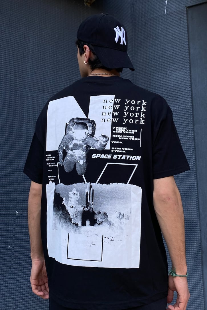 New York Baskılı Oversize Siyah Tshirt